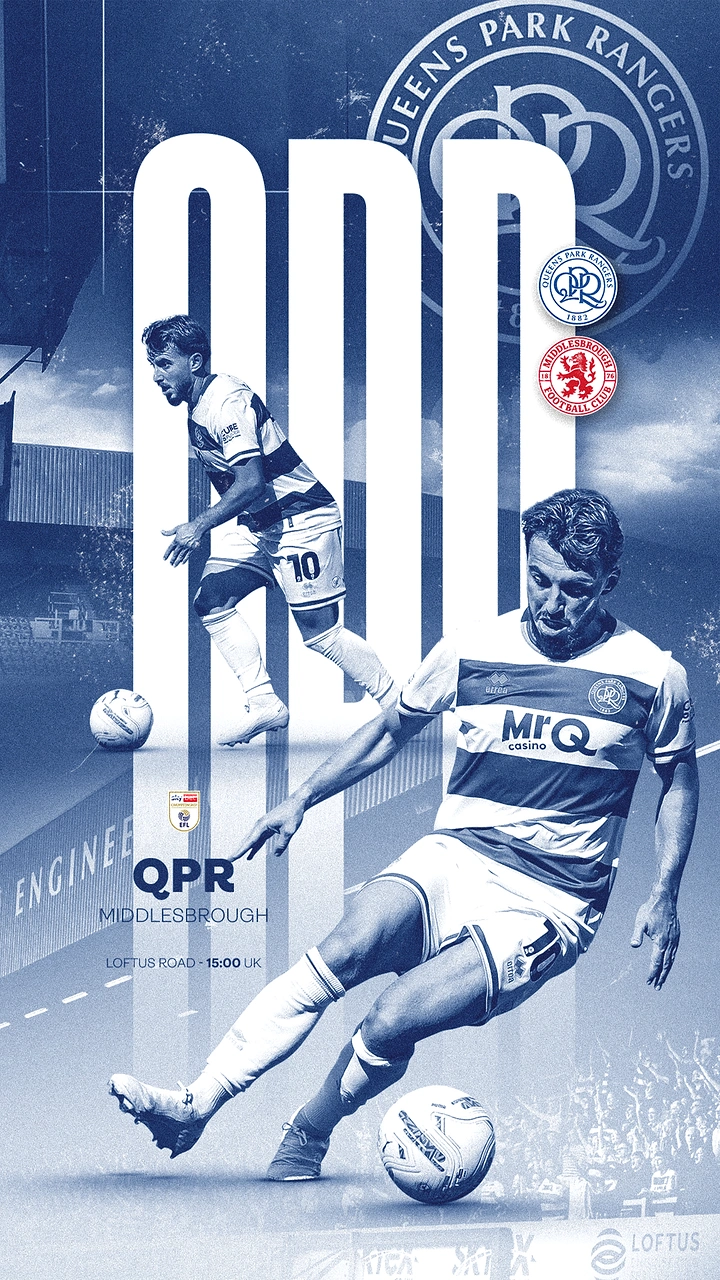 Creative ad: Two footballers in hooped kit weaving through giant white letters on a blue duotone stadium