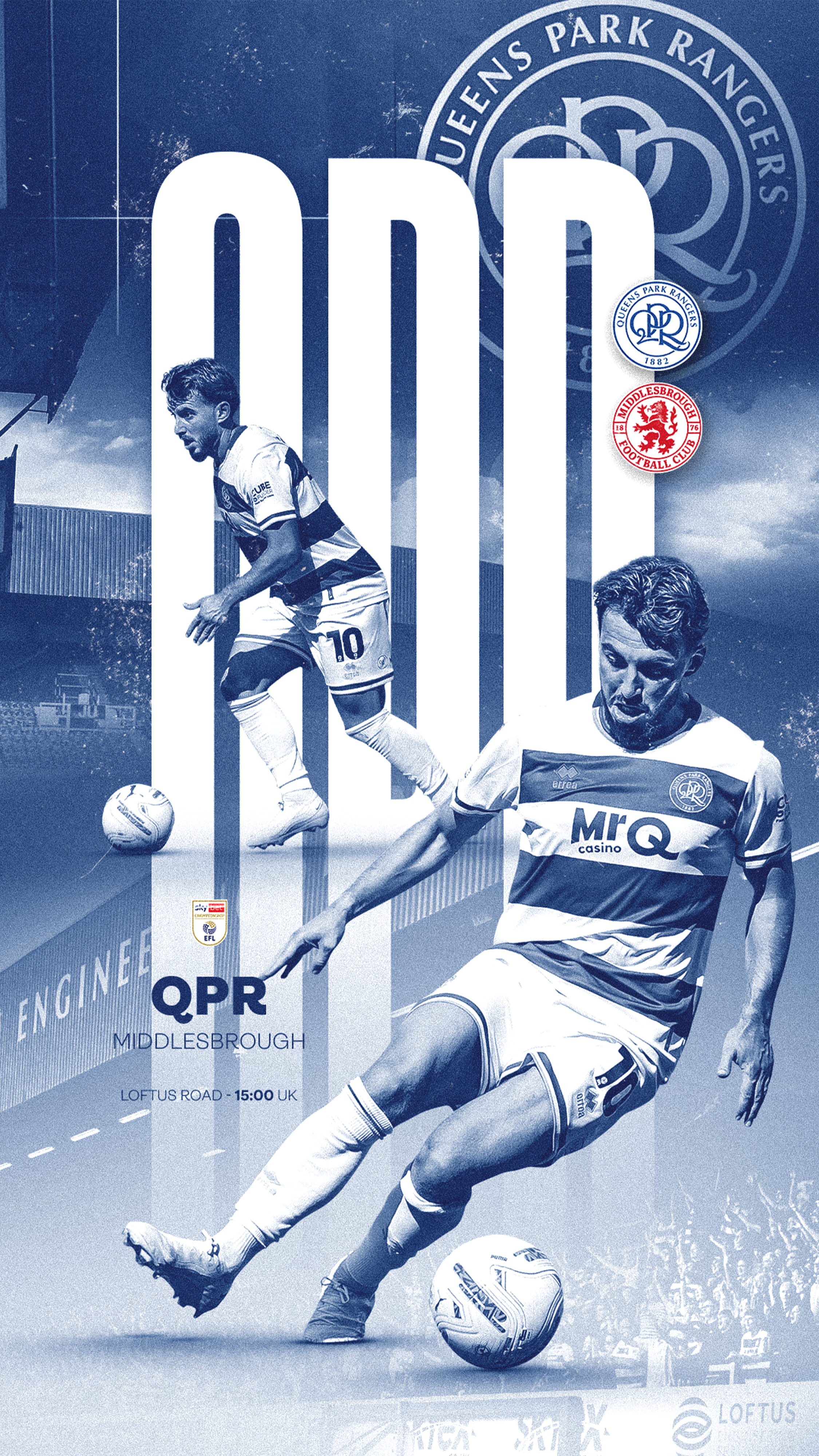 Story: Two footballers in hooped kit weaving through giant white letters on a blue duotone stadium