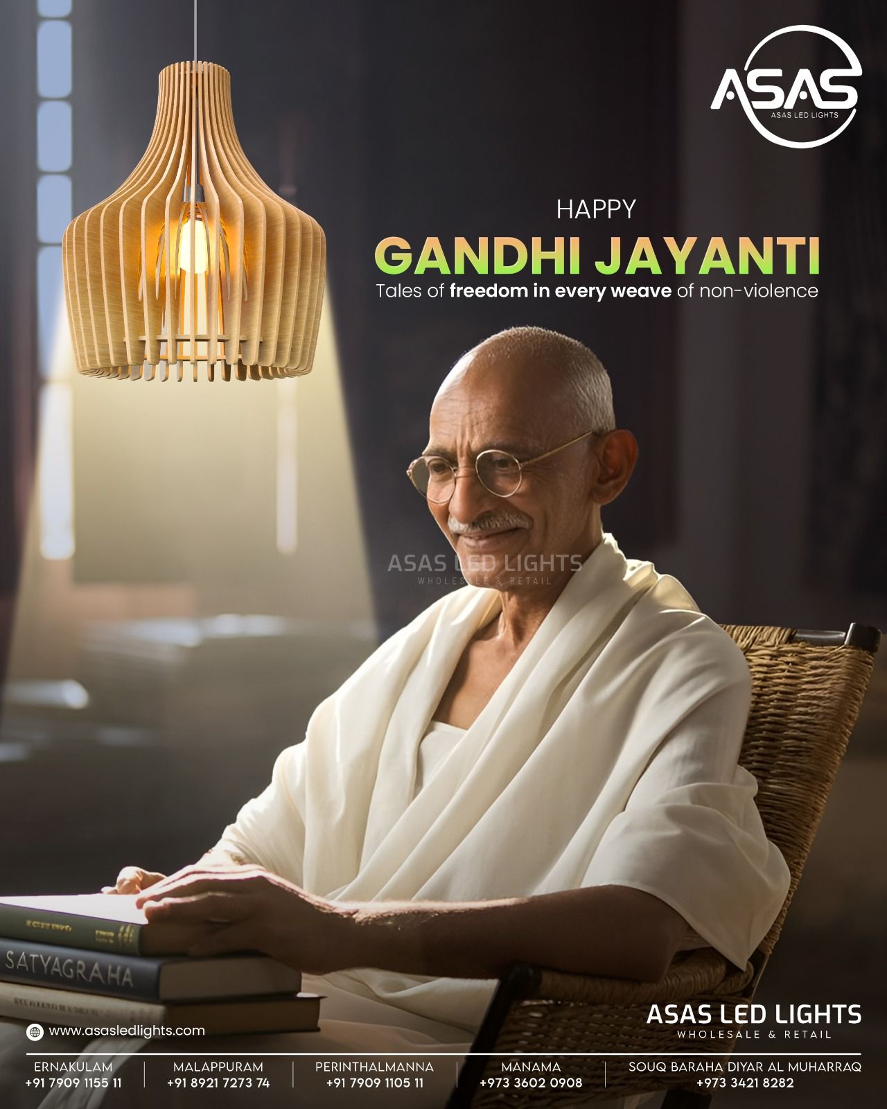Gandhi Jayanti Instagram post: Elderly leader figure seated reading beneath a wooden slatted pendant lamp