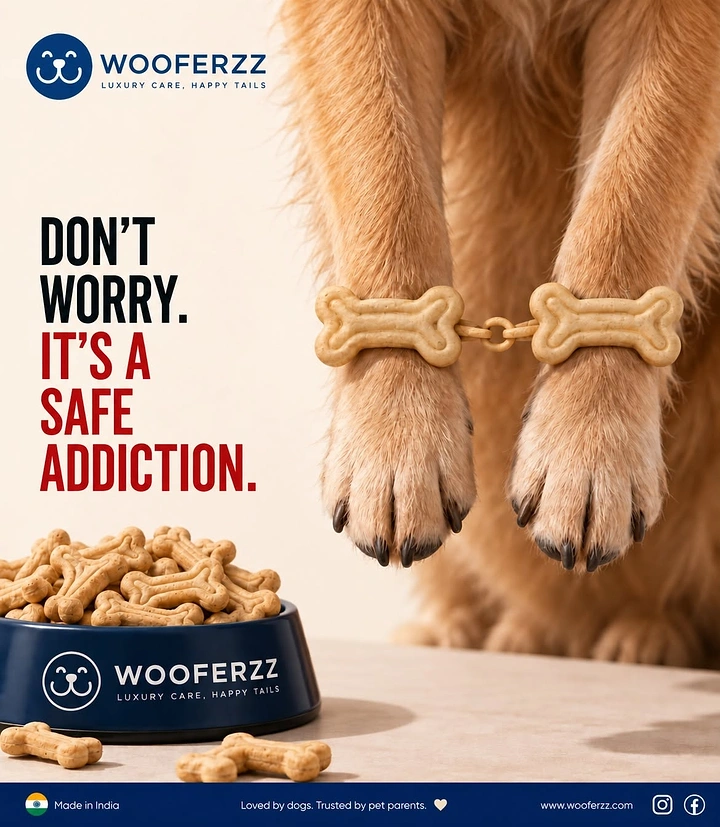 Pets creative ad: Dog paws cuffed with bone-shaped biscuit handcuffs