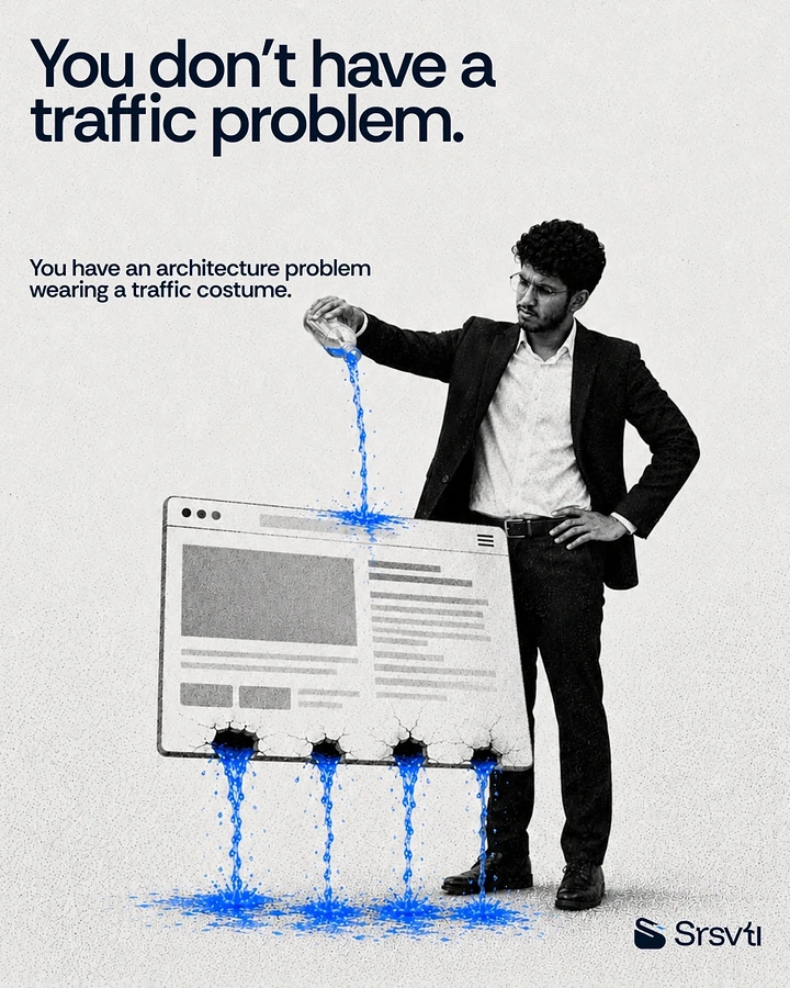 Agency creative ad: Man in suit pouring blue liquid into a leaking browser-window mockup