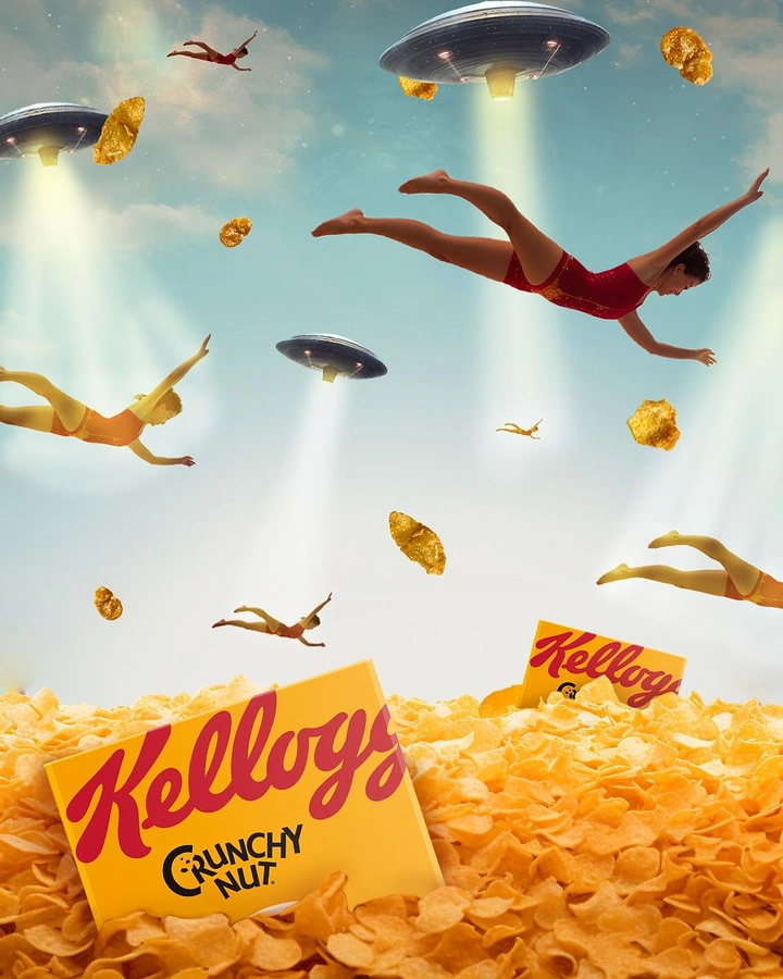 Breakfast Cereals & Oats creative ad: Surreal cereal-world falling composition