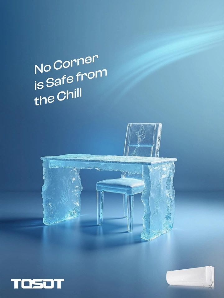 Home Appliances creative ad: Desk and chair carved from ice in a blue studio