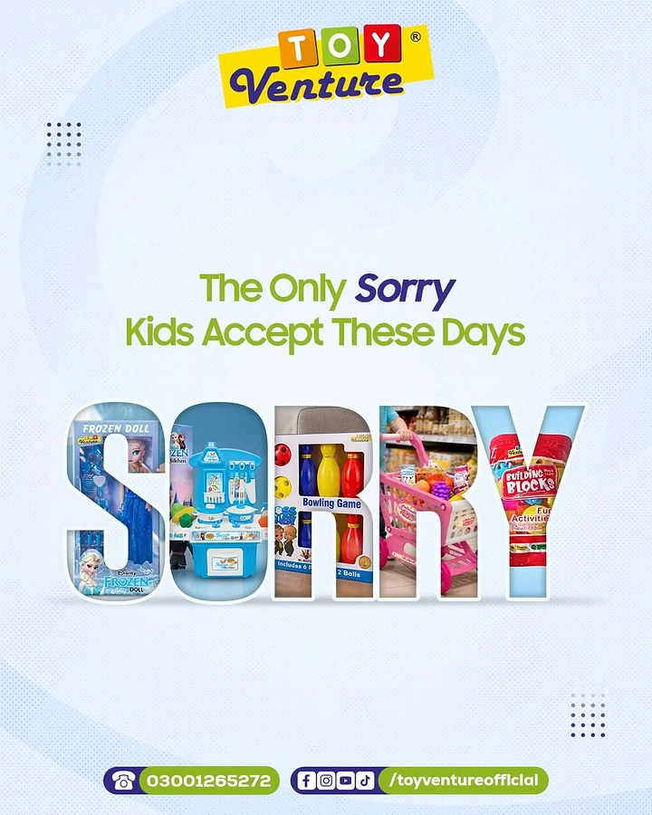 Kids Clothing creative ad: Giant word SORRY filled with toy product photos