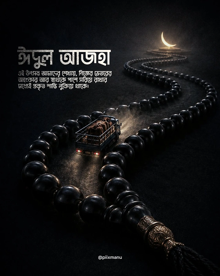 Eid creative ad: Miniature truck carrying cattle along a winding path of prayer beads toward a crescent moon