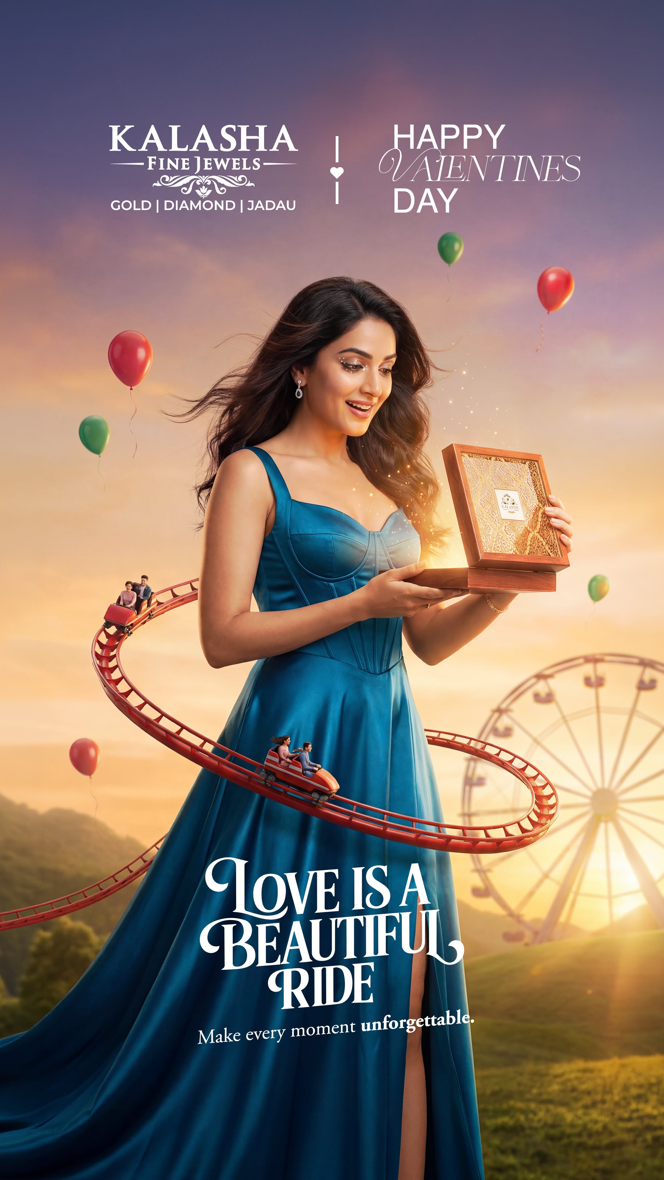 Woman in blue satin gown opening a glowing jewelry box, wrapped by a miniature roller coaster