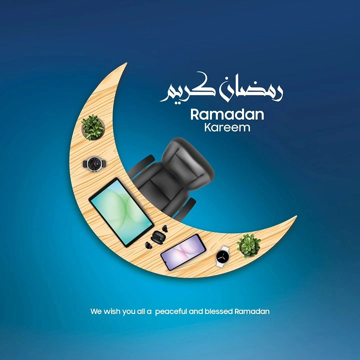 Ramadan creative ad: Crescent-moon-shaped wooden desk with gadgets and office chair, top view