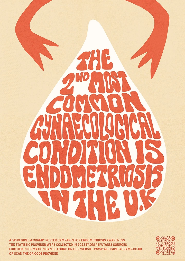 Creative ad: Teardrop filled with warped 70s lettering, uterus-shaped arms above