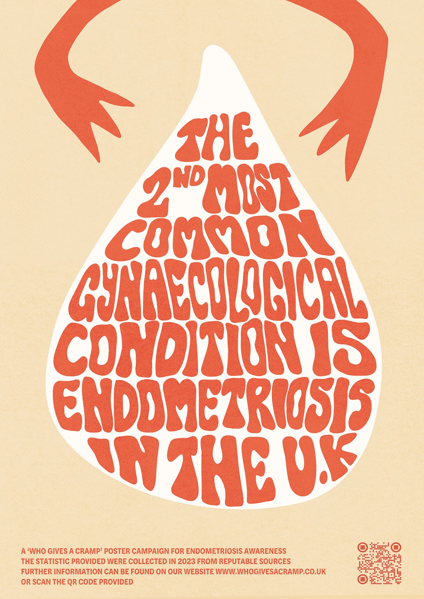 Poster: Teardrop filled with warped 70s lettering, uterus-shaped arms above
