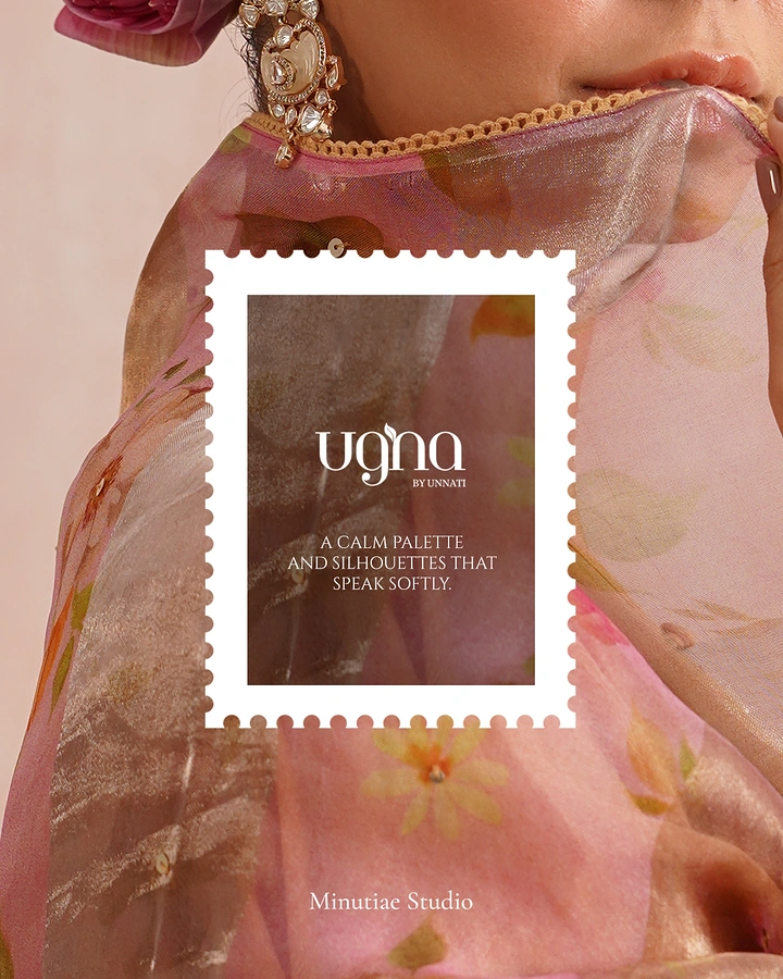 Ethnic Wear & Sarees creative ad: Postage stamp frame over fabric