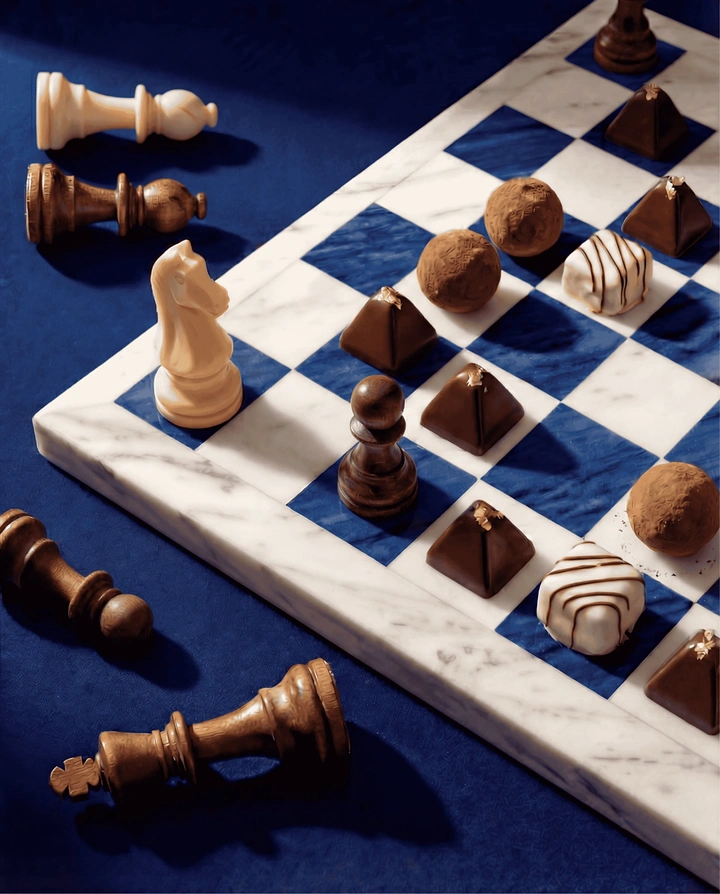 Chocolate Brands & Chocolatiers creative ad: Chocolates placed as pieces on a blue-and-white marble chessboard