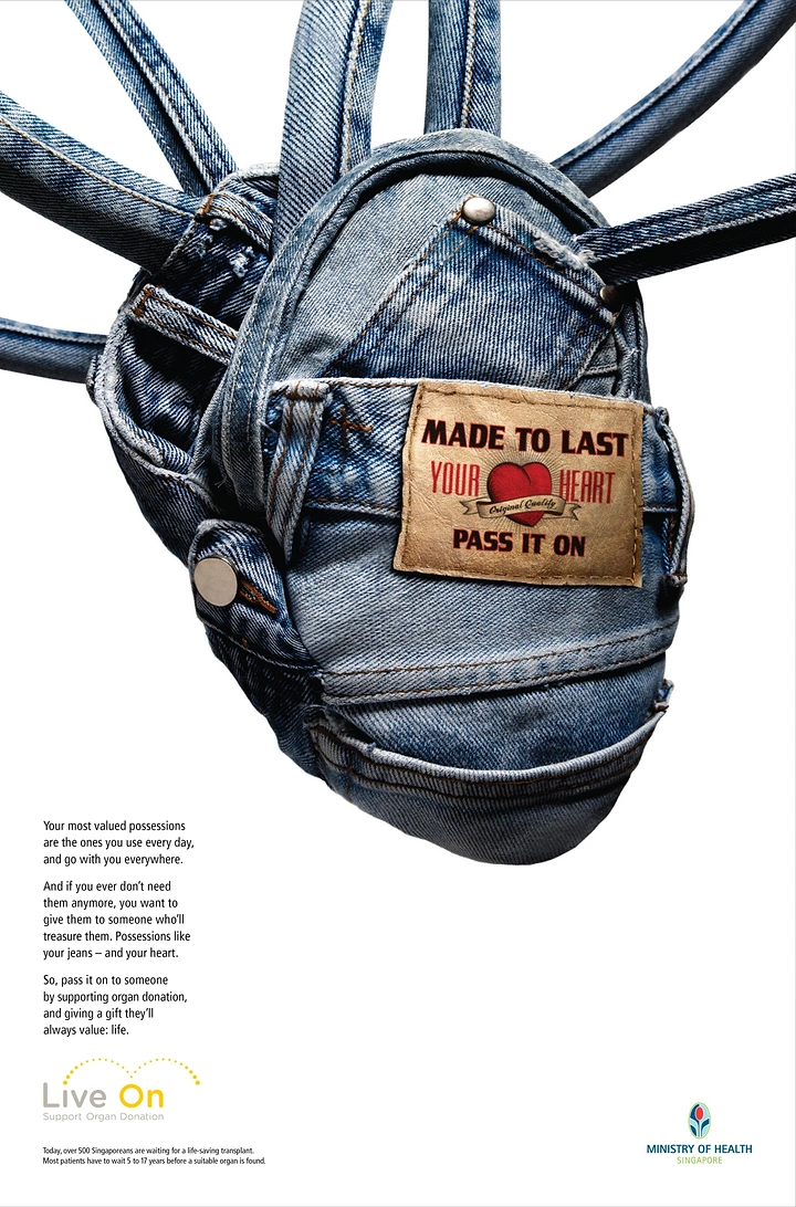 Nonprofit & Social Cause creative ad: Denim jeans sculpted into an anatomical heart with a leather label