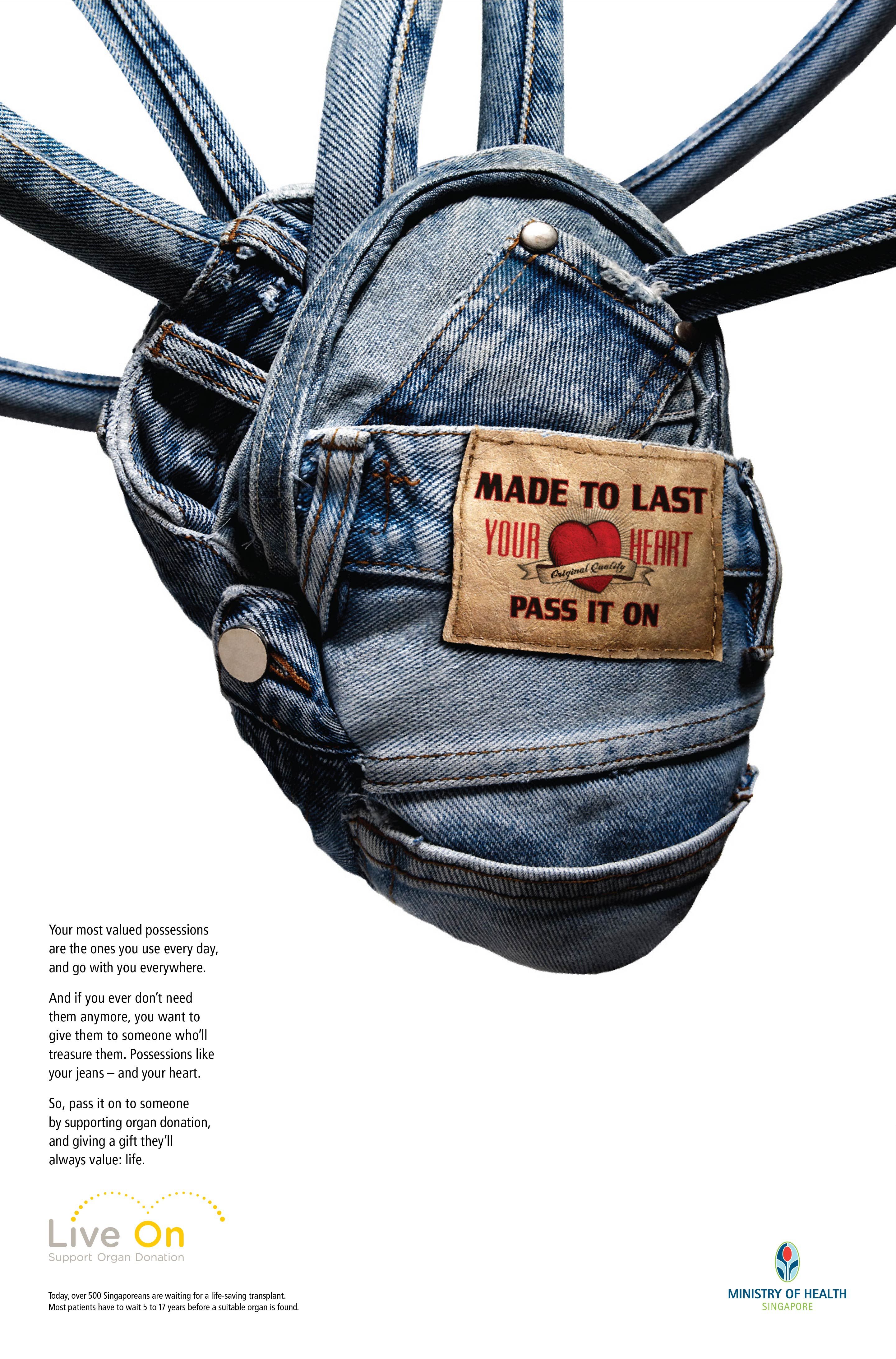 Poster: Denim jeans sculpted into an anatomical heart with a leather label