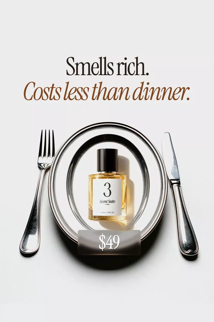 Perfume & Fragrance creative ad: Perfume bottle served on a silver dinner plate flanked by cutlery