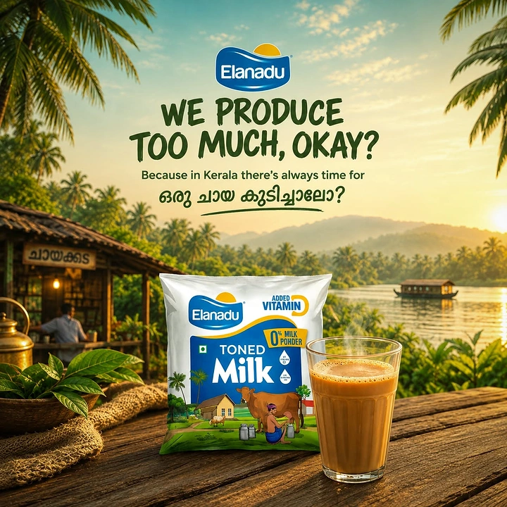 Dairy Brands creative ad: Witty Kerala tea-time copy with milk pack