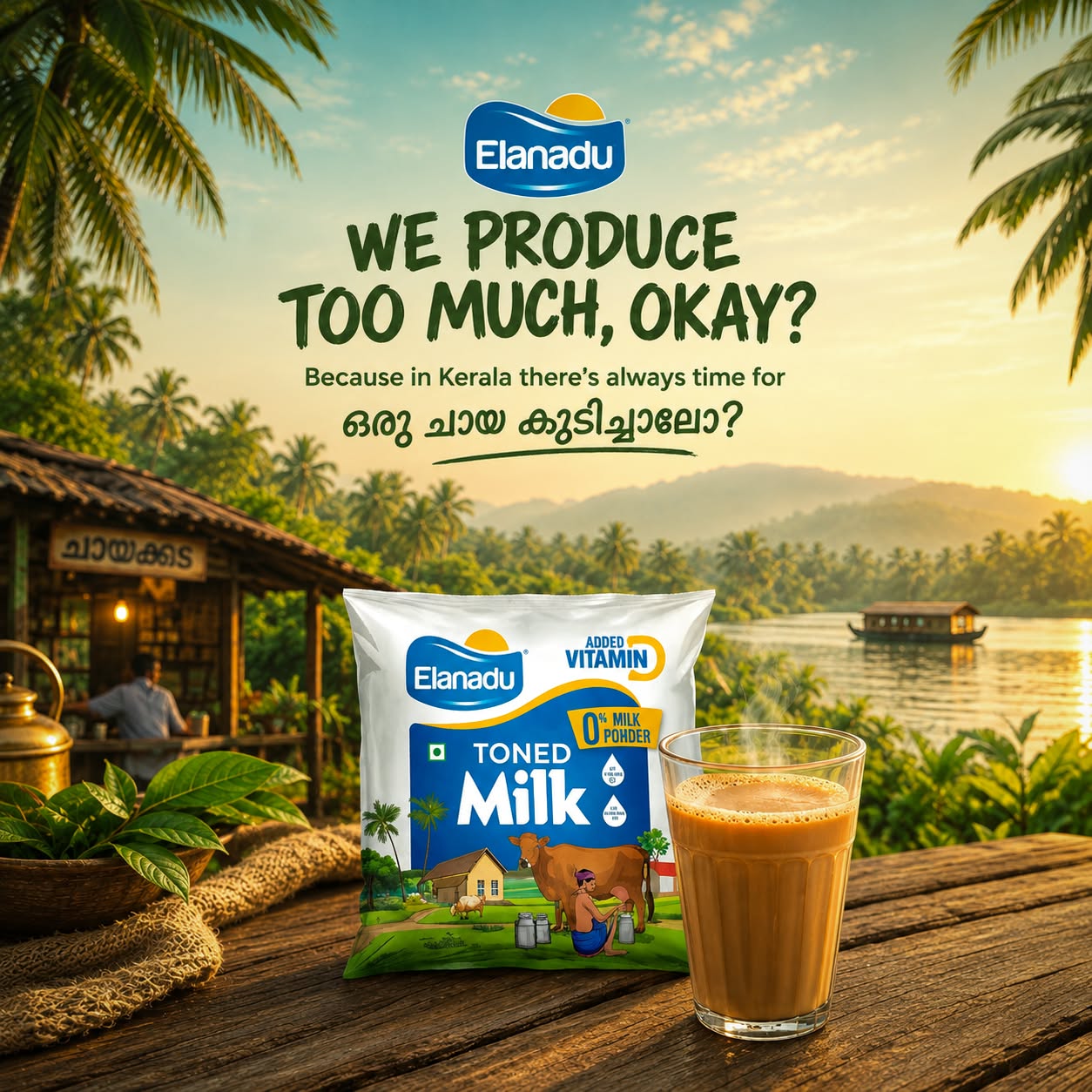 Instagram post: Witty Kerala tea-time copy with milk pack
