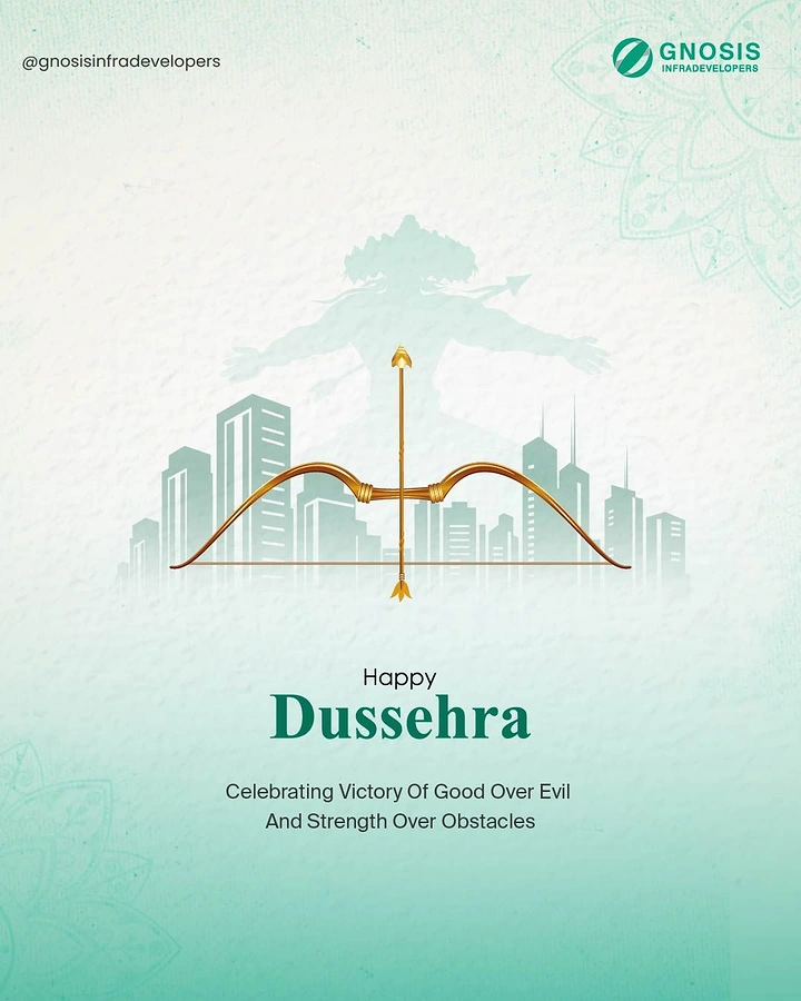Dussehra creative ad: Golden bow and arrow in front of a mint city skyline and a faded Ravana silhouette