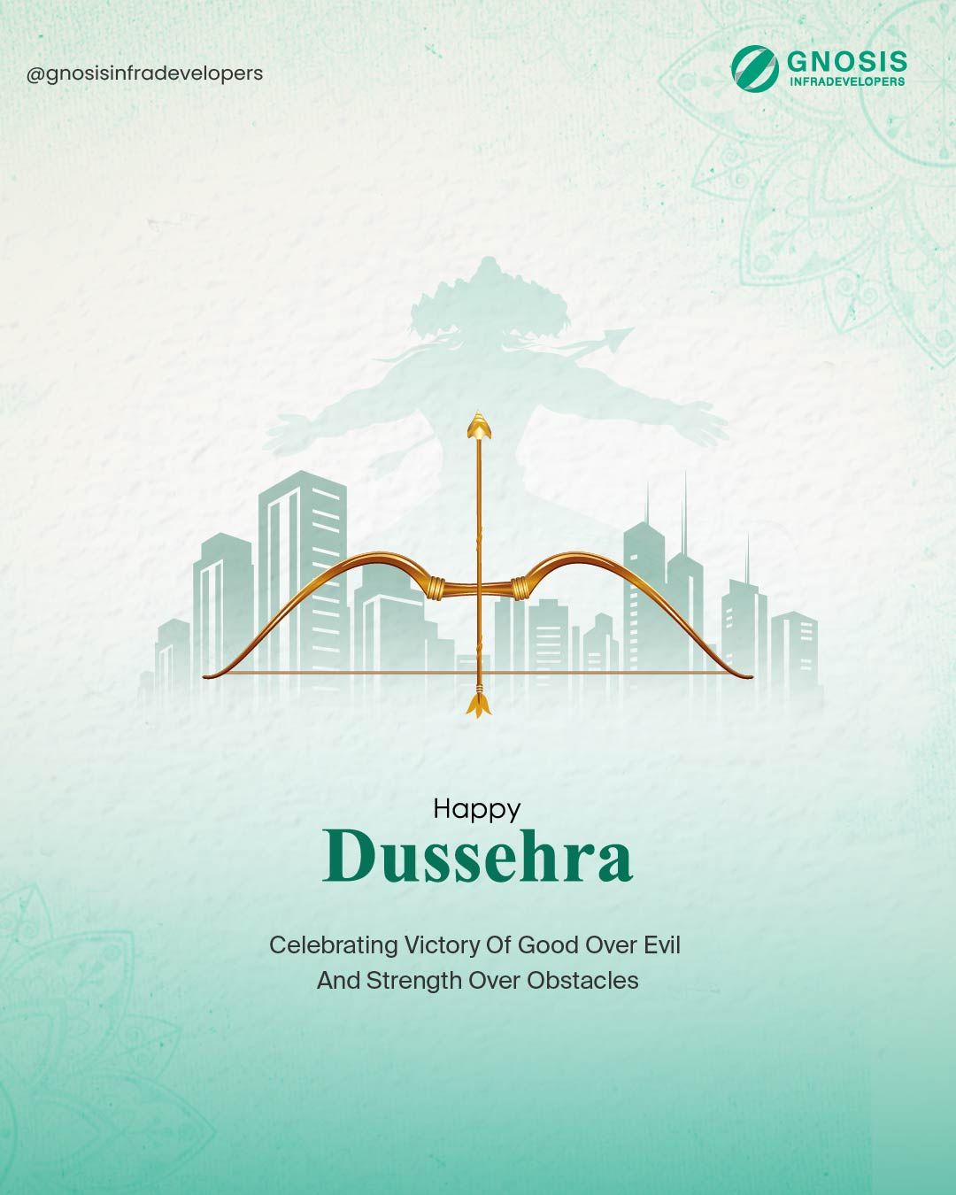 Golden bow and arrow in front of a mint city skyline and a faded Ravana silhouette