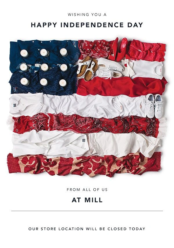 Independence Day creative ad: Flat-lay of clothes, shoes and candles arranged as a US flag