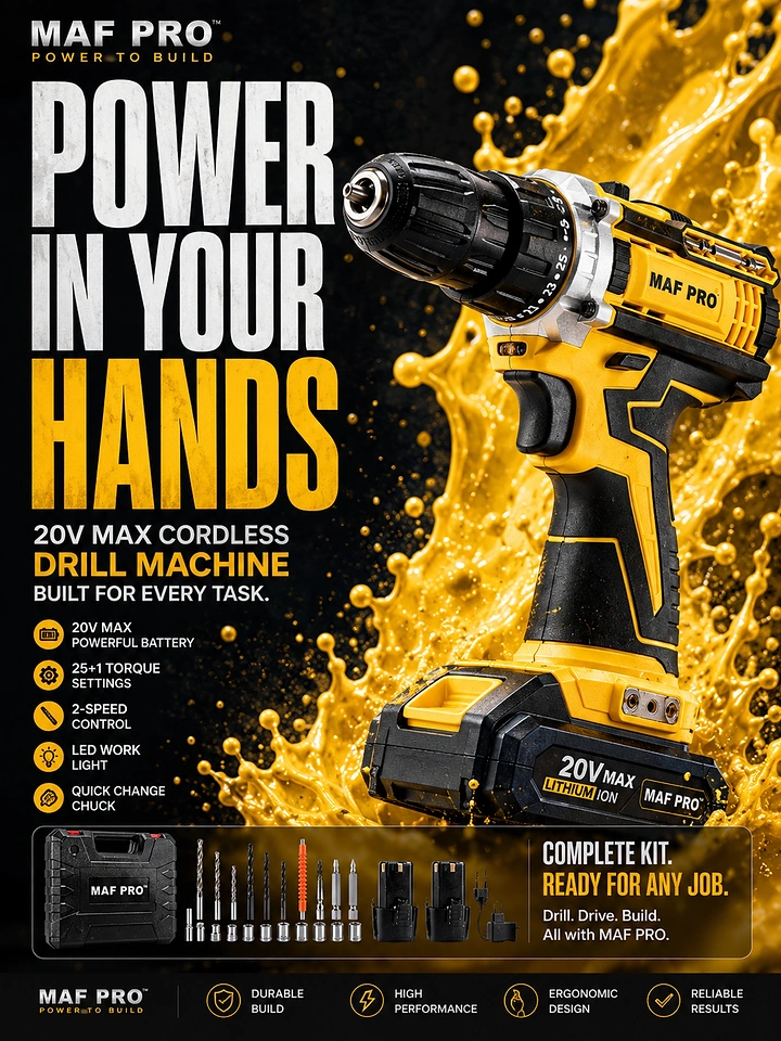 Power Tools creative ad: Power drill erupts through energy splash