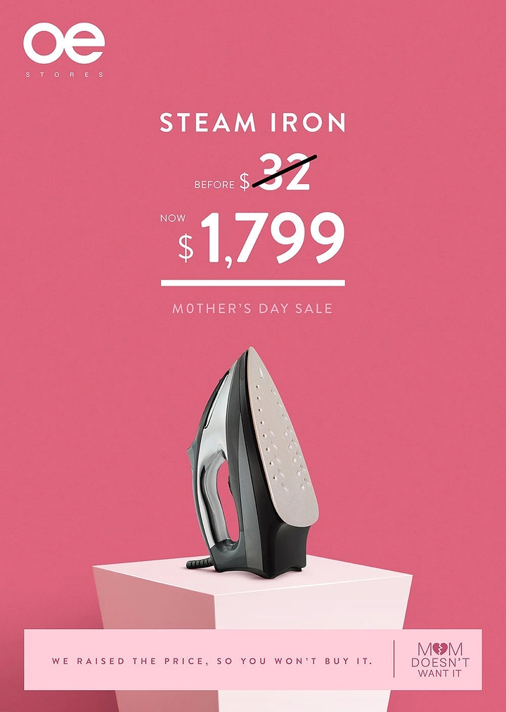 Mother's Day creative ad: A steam iron on a white pedestal
