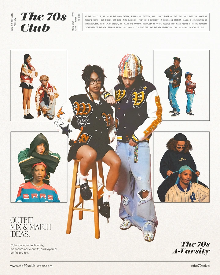 Creative ad: Couple in varsity jackets posed on wooden stool, flanked by framed outfit photos