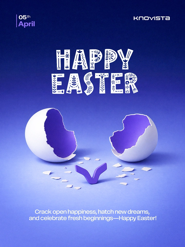 Easter creative ad: Cracked white eggshell halves revealing a purple brand-mark V