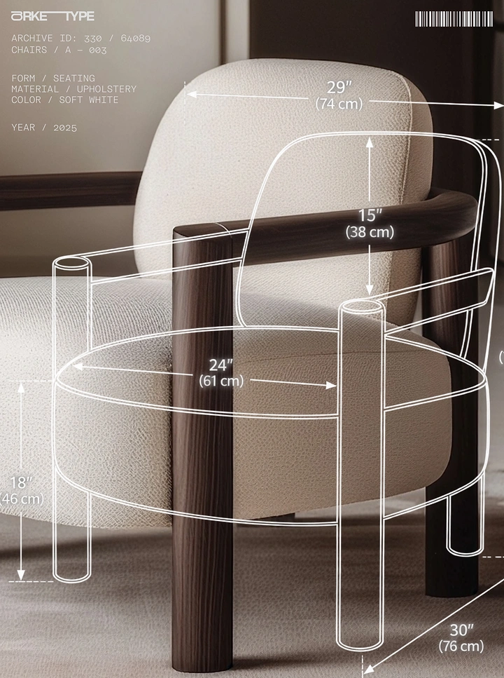 Creative ad: Boucle lounge chair with dark wood frame overlaid by white technical blueprint lines
