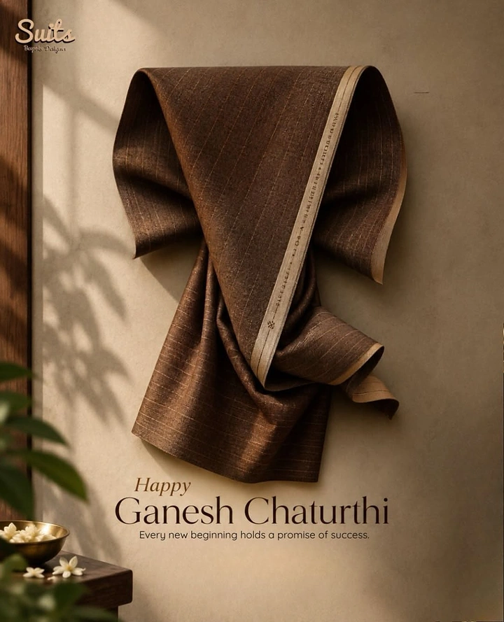 Ganesh Chaturthi creative ad: Brown suiting fabric draped on a wall into an abstract Ganesha shape