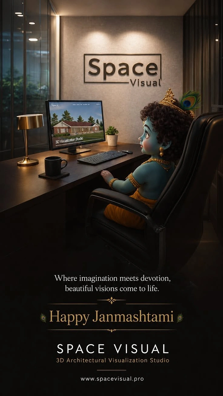 Janmashtami creative ad: 3D baby Krishna seated at an office desk viewing a rendering