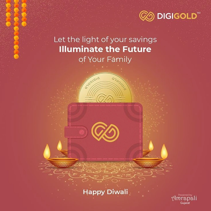 Diwali creative ad: Gold coin rising out of a red wallet flanked by diyas