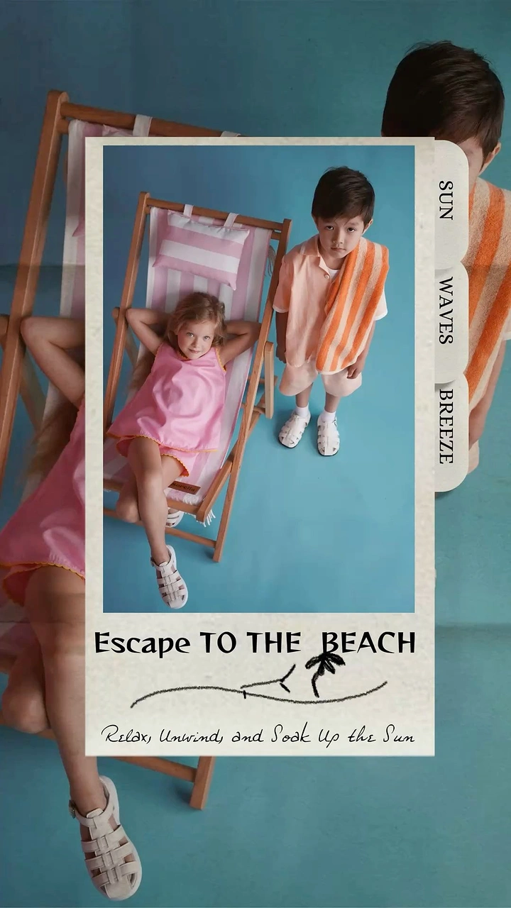 Kids Clothing creative ad: Photo-in-photo frame, beach escape