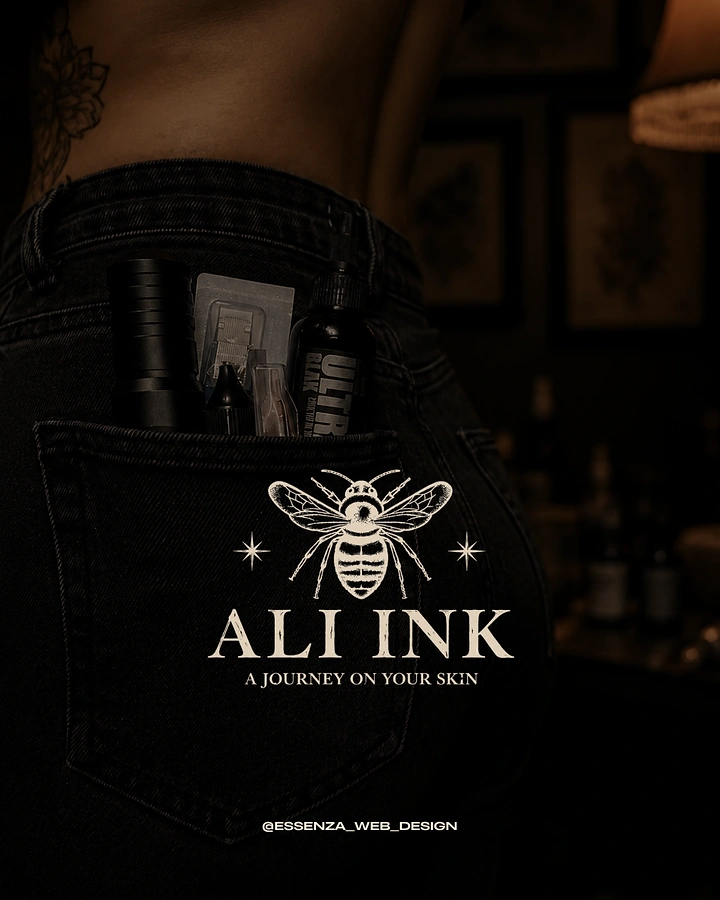 Tattoo Studios creative ad: Tools in jeans pocket, bee logo branding