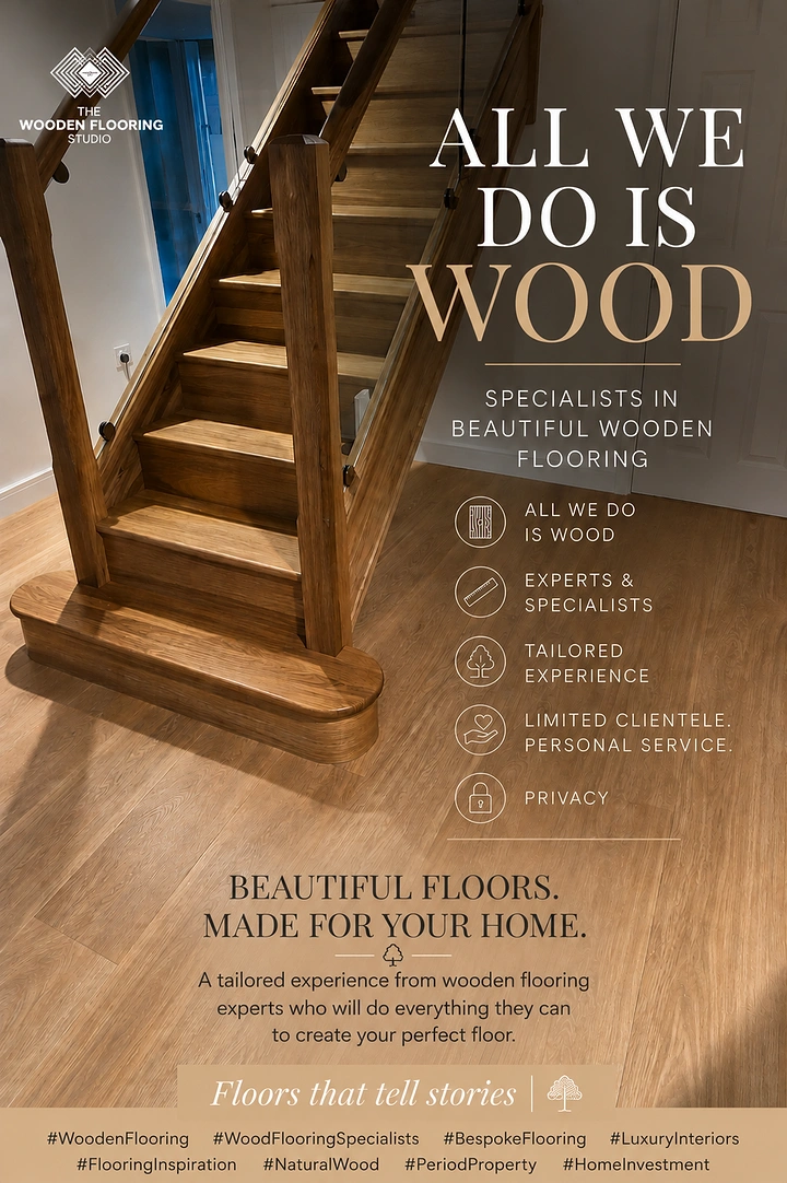 Wooden & Vinyl Flooring creative ad: Staircase reinforces all-we-do-is-wood positioning