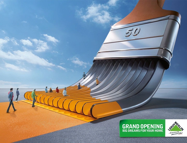 Hardware Stores creative ad: People walking toward a giant sculptural paintbrush structure