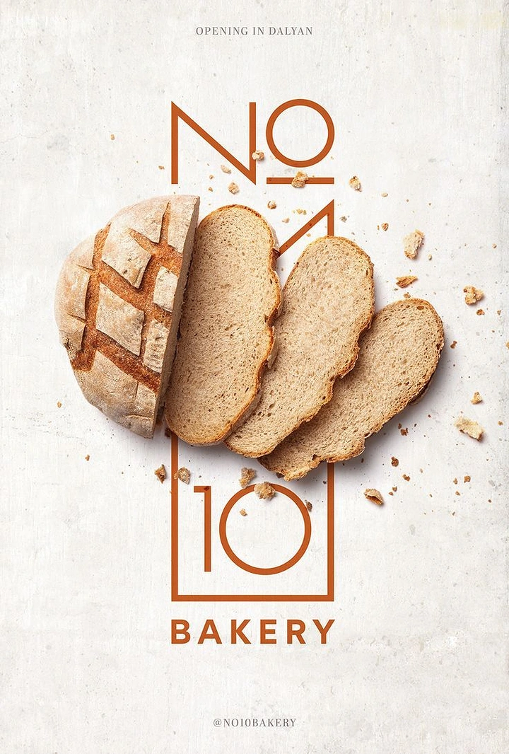 Creative ad: Scored sourdough loaf fanned into slices over a line-drawn No10 monogram