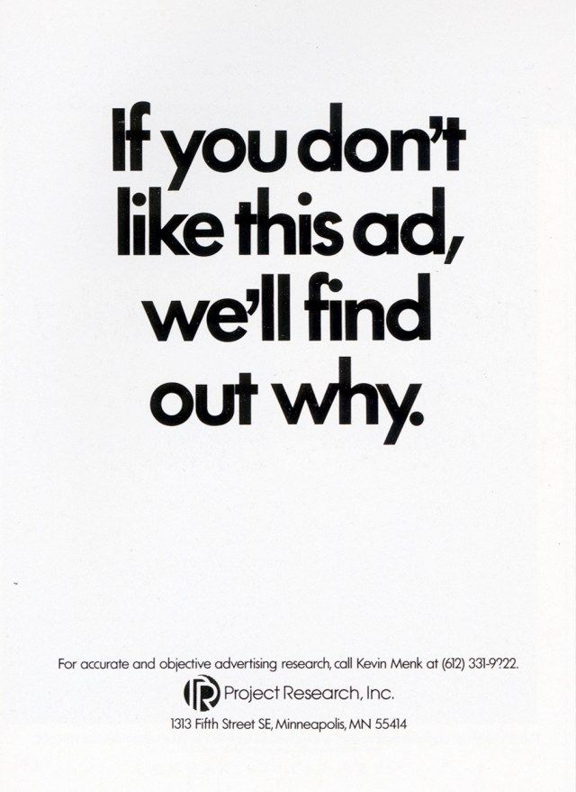 Self-referential witty type-only research ad