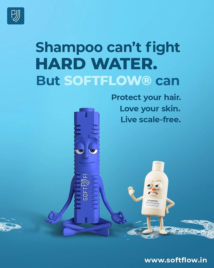 Water Purifiers creative ad: A blue water-softening device character beside a shampoo bottle character