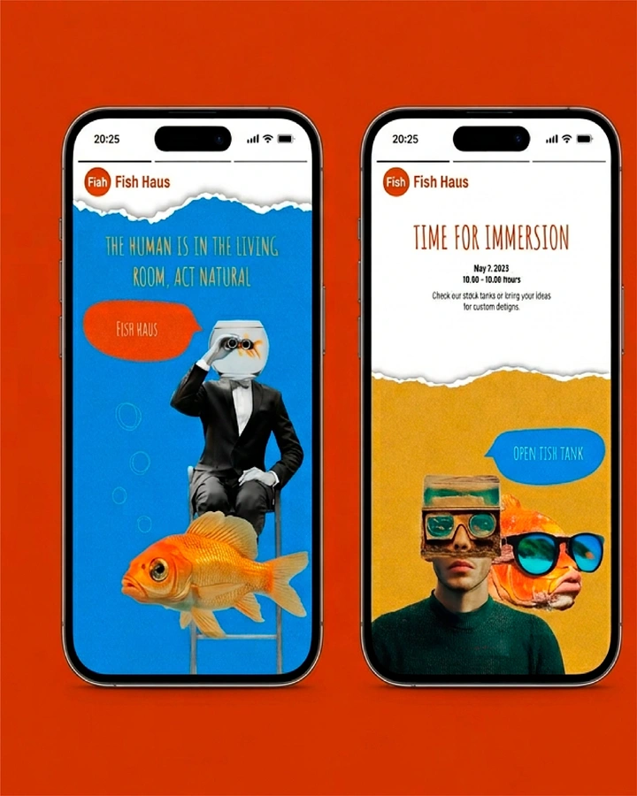 Aquarium Shops creative ad: Collage fishbowl-head surreal fish shop site