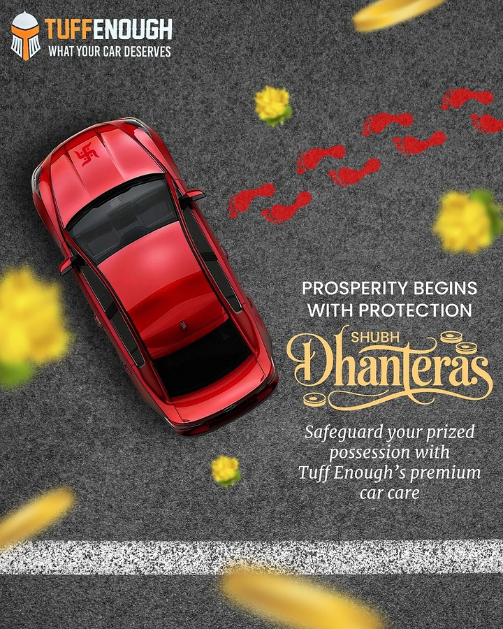 Dhanteras creative ad: Top-down red car with footprints, marigolds and coins