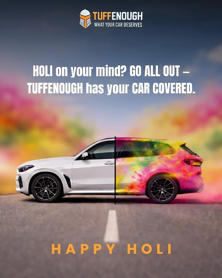 Holi creative ad: Half-colored car shows coating protection