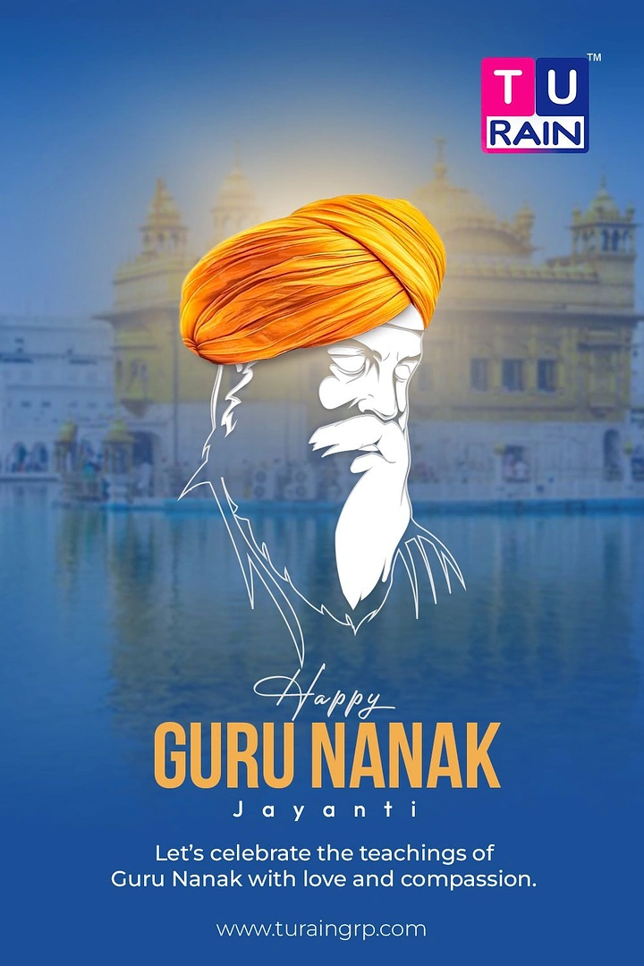 Guru Nanak Jayanti creative ad: White line-art Guru Nanak face topped with a photographic saffron turban