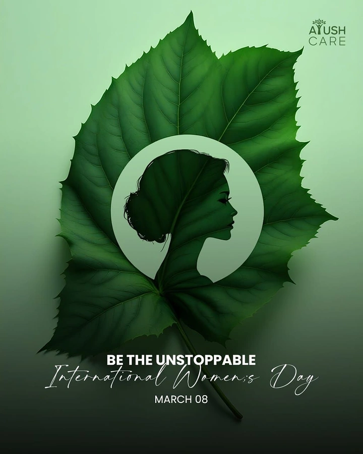 Women's Day creative ad: Large green leaf with woman's profile silhouette in circular cutout