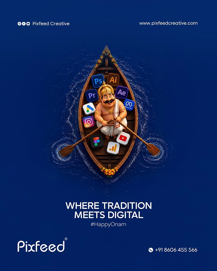 Onam creative ad: 3D Mahabali rowing a wooden boat full of design and ad app icons, seen from above