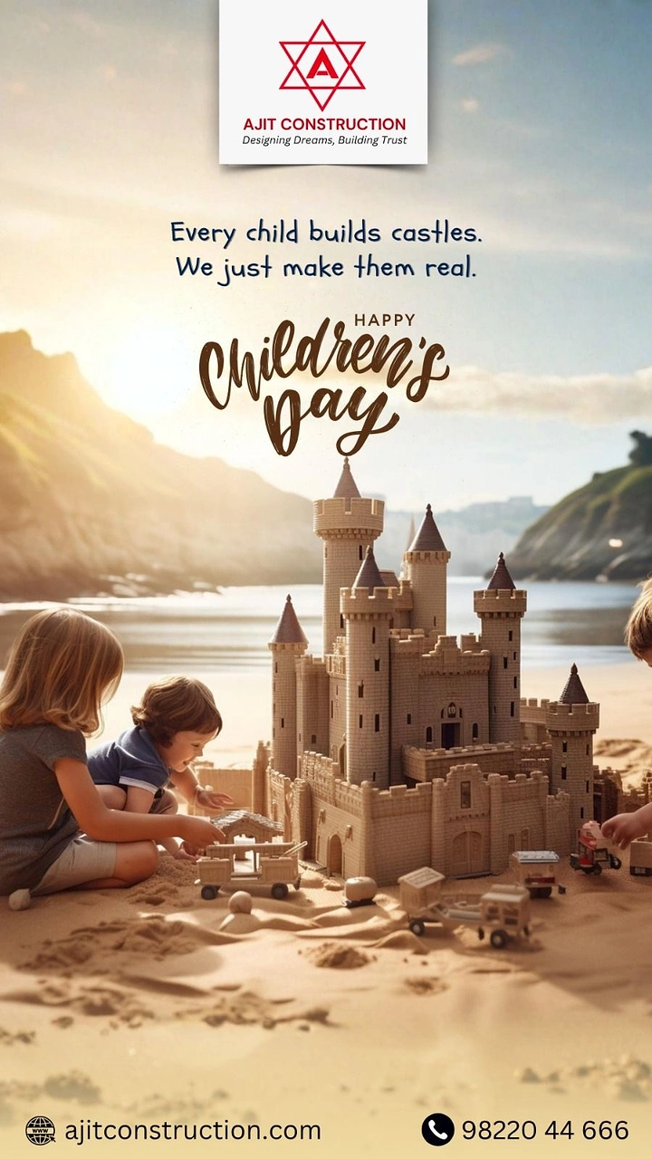 Children's Day creative ad: Children building an elaborate sandcastle on a sunlit beach