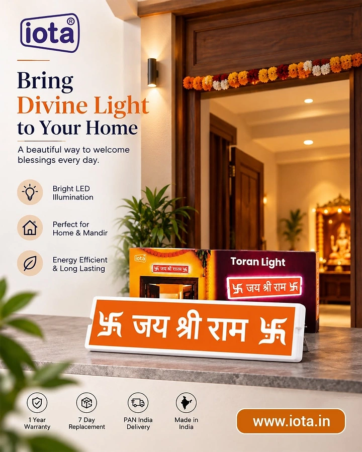 Diwali creative ad: Orange LED toran light sign reading Jai Shri Ram with its product box on a stone ledge