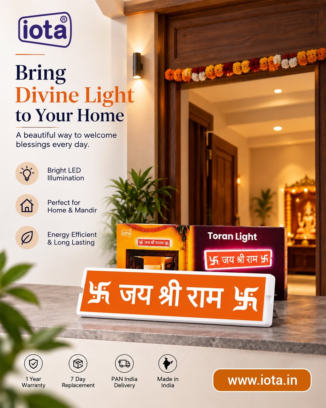 Diwali Instagram post: Orange LED toran light sign reading Jai Shri Ram with its product box on a stone ledge