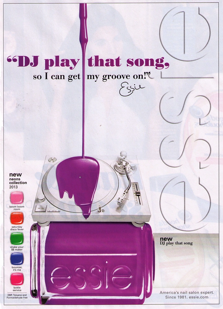 Beauty & Salon creative ad: Purple nail polish transforming a turntable and retro music-themed product display