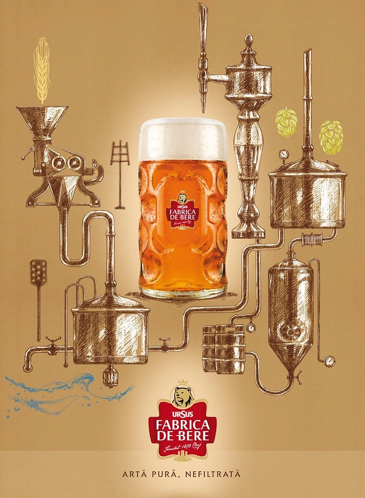 Creative ad: Photographic beer stein at the centre of a hand-drawn brewery pipeline