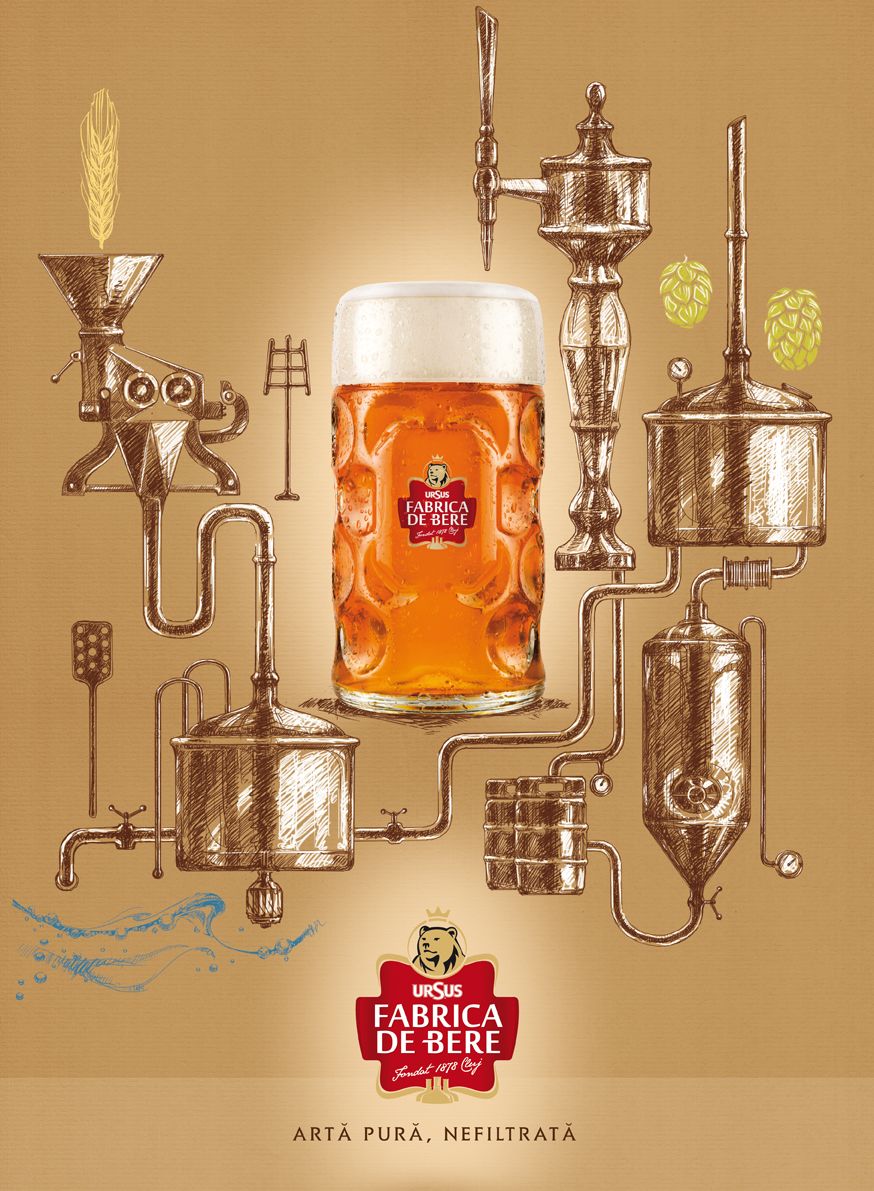 Poster: Photographic beer stein at the centre of a hand-drawn brewery pipeline